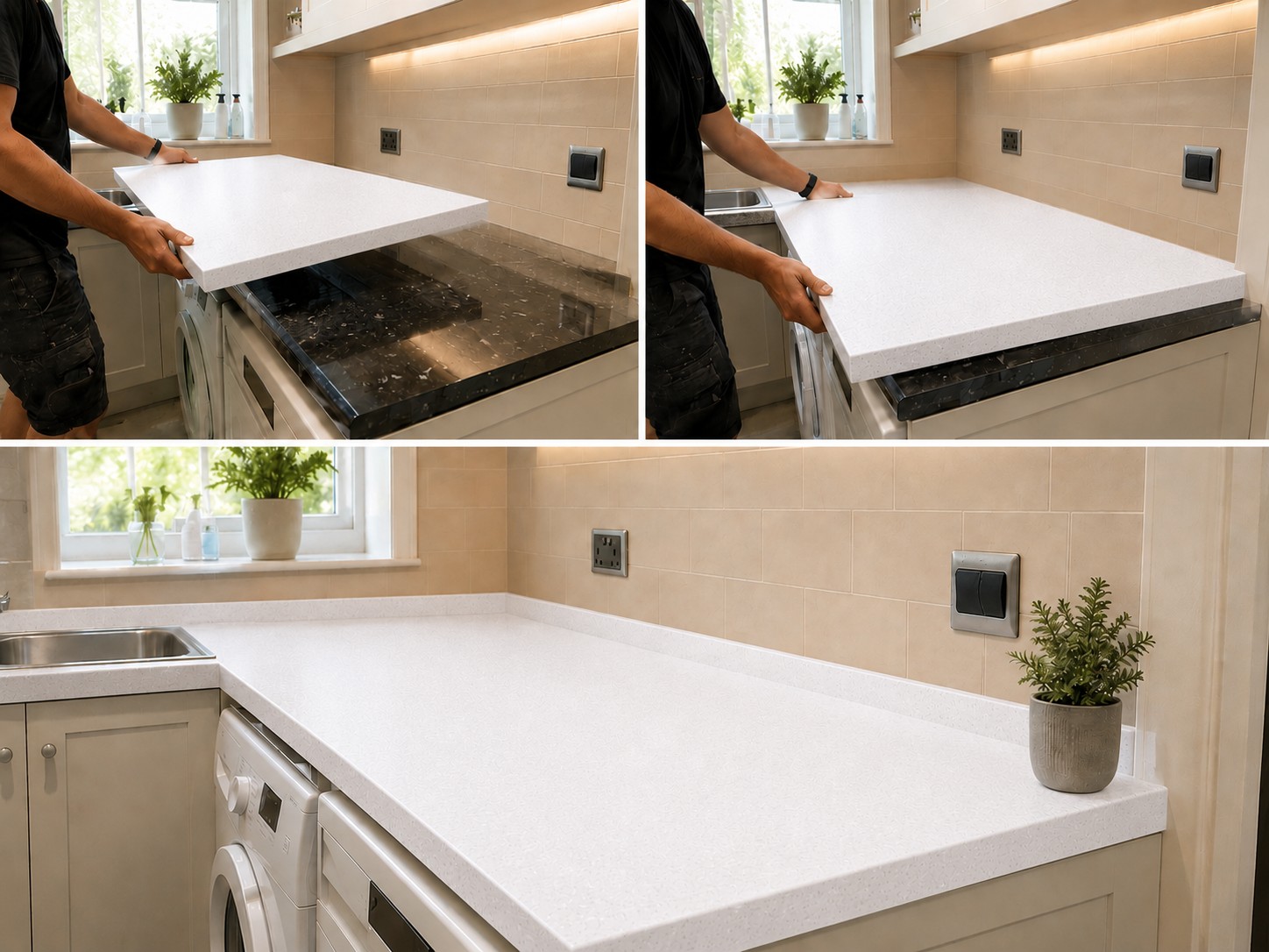 Before, overlay and after photos of a kitchen worktop transformation